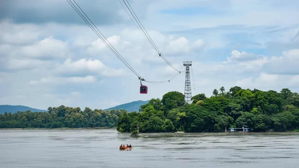 Wide-angle view of Umananda Island with Ropeway Pillar T3 standing on the island, surrounded by the Brahmaputra River.
