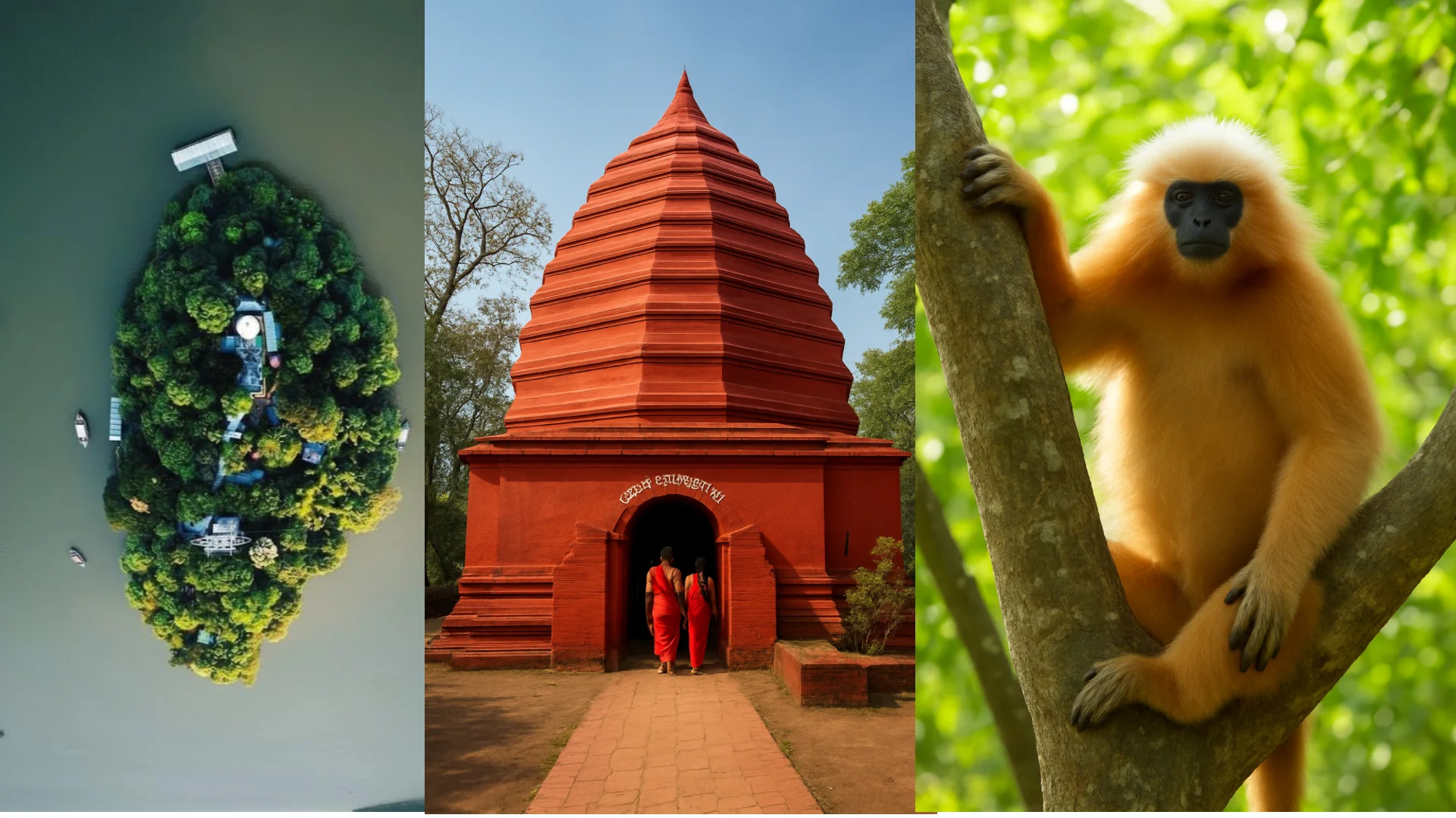 Three-panel collage showing an aerial drone view of Umananda Temple on Peacock Island, a front view of the temple on Bhasmachal Hill, and a Golden Langur sitting on a tree on Umananda Island in the Brahmaputra River.
