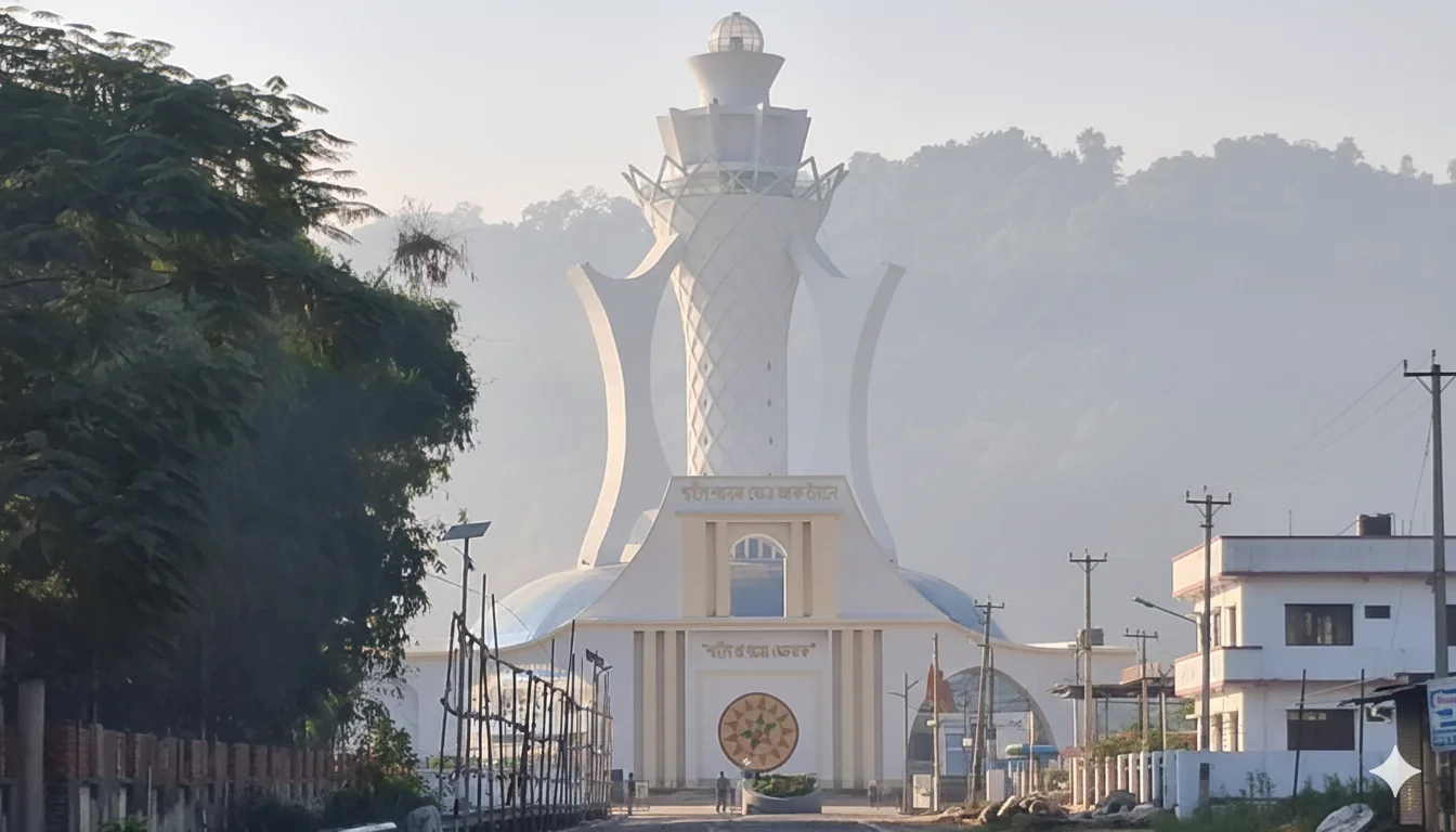 Front view of Swahid Smarak Kshetra taken 100 meters from the main entrance, showing the 225-foot central tower against the Guwahati skyline