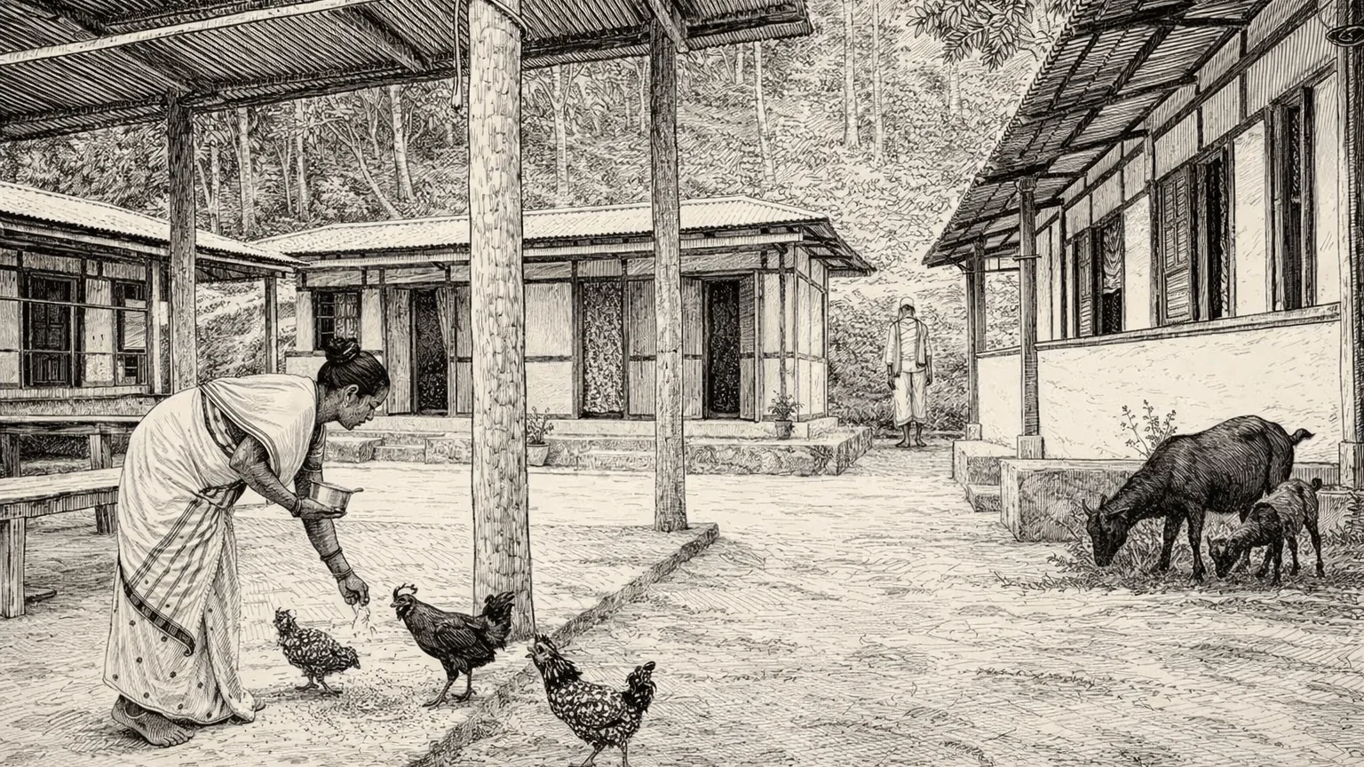 Rabha village experience near Guwahati, with traditional homes, poultry, and farming near Guwahati