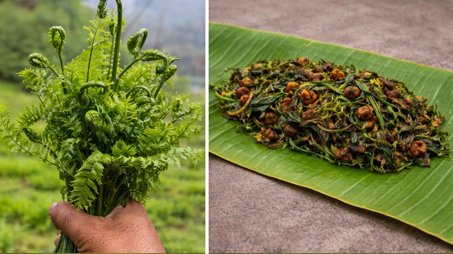 dheki shaak raw and cooked Assamese village food near Guwahati