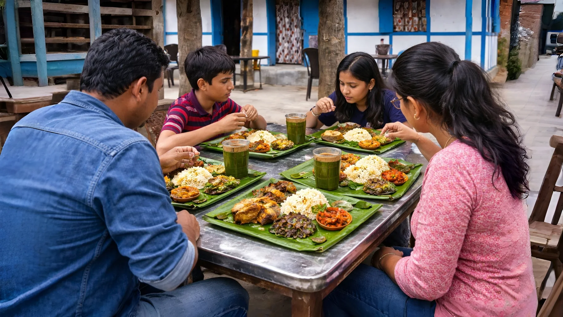 Family style Assamese meal served outdoors in village homestay