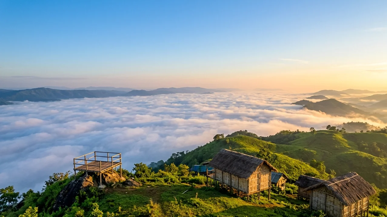 Floating clouds over green hills at Montang Valley in Tripura Atharamura Hills (Also known as "Mountain of peace" Tripura)
