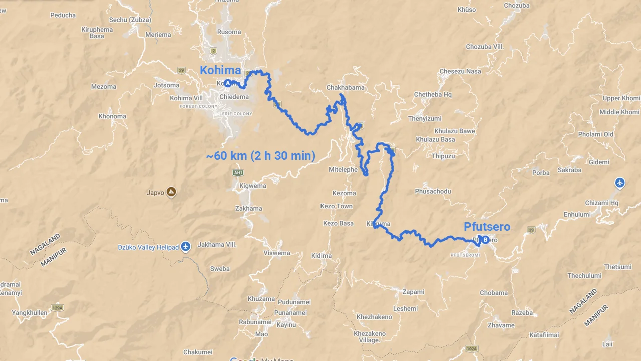 Pfutsero Travel Guide: Map showing the route from Kohima to Pfutsero via NH-29 and the Phek district road, with distance markers