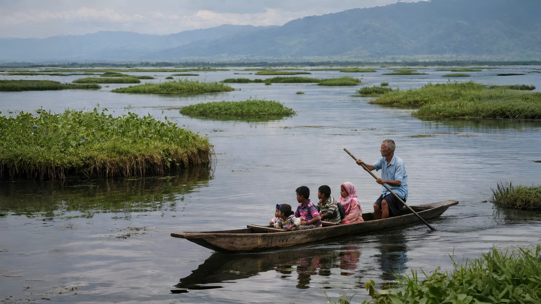 Traditional canoe boat ride through phumdis Loktak Lake