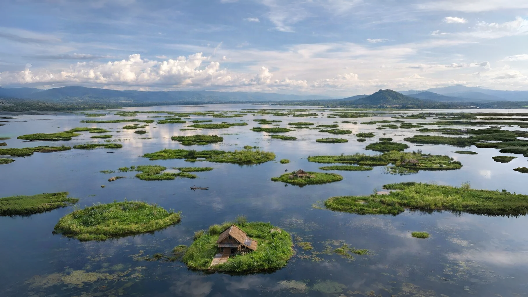 Loktak Lake floating islands (phumdis) aerial view in Manipur