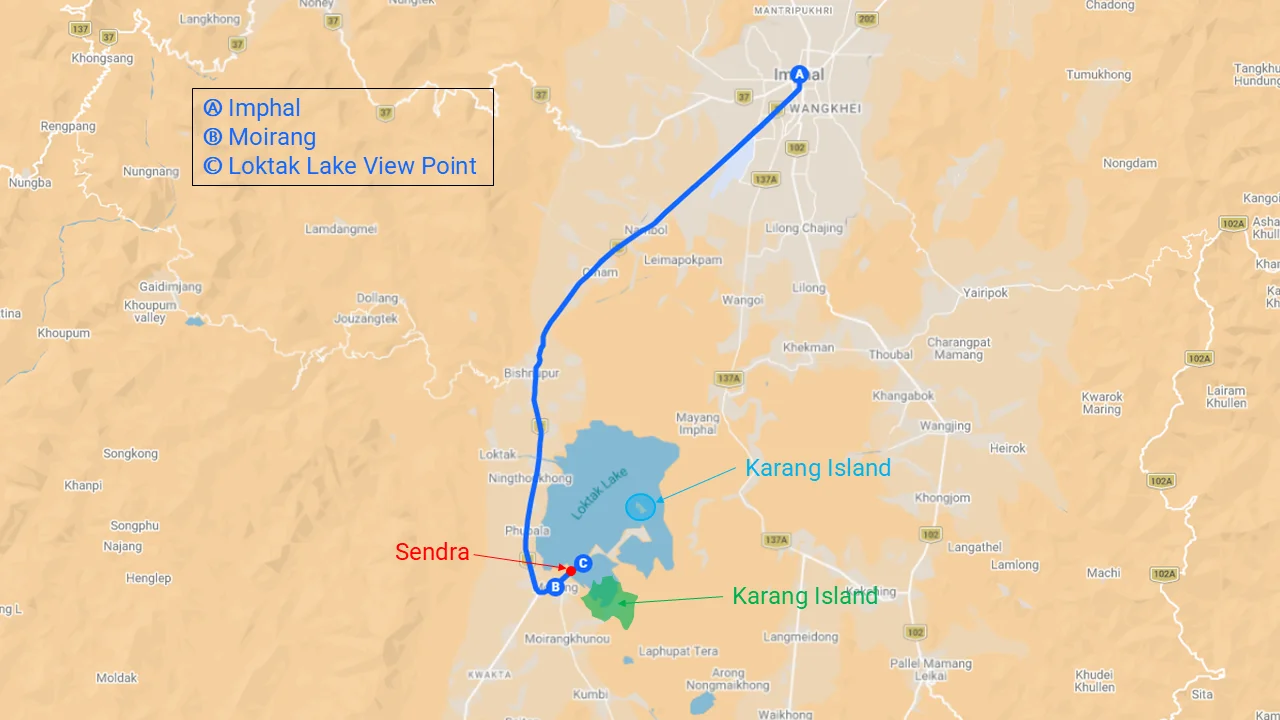Loktak Lake travel guide map showing the route from Imphal to Loktak Lake and key attractions