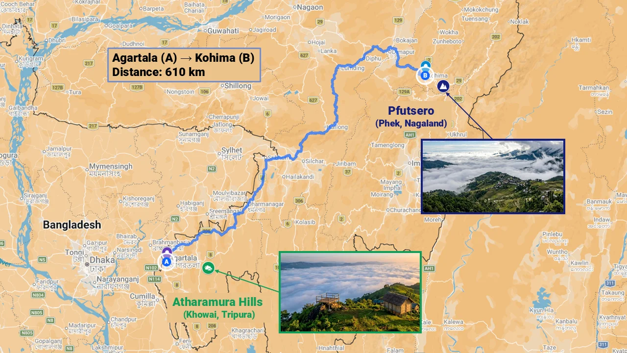 Map showing Montang Valley in Tripura and Pfutsero in Nagaland with distances from Agartala and Kohima