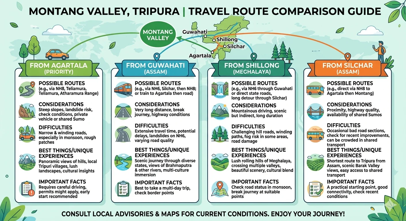 Comparison of travel time to Montang Valley from Agartala, Guwahati, Shillong, and Silchar
