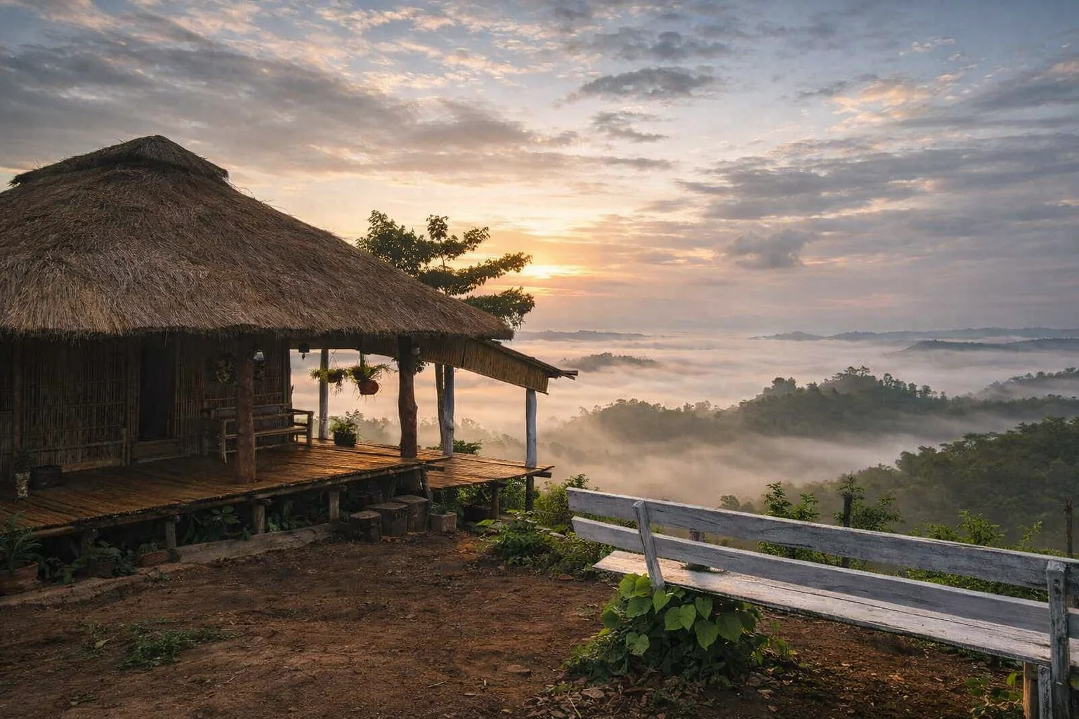 Traditional Tripuri tong ghar (bamboo hut) at Montang Valley built by Kamal Kalai, elevated on timber stilts with thatched roof