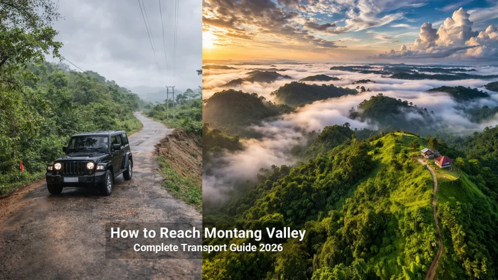 SUV driving on the narrow, winding mountain road to Montang Valley in Tripura's Atharamura hills, with the famous floating clouds visible at dawn