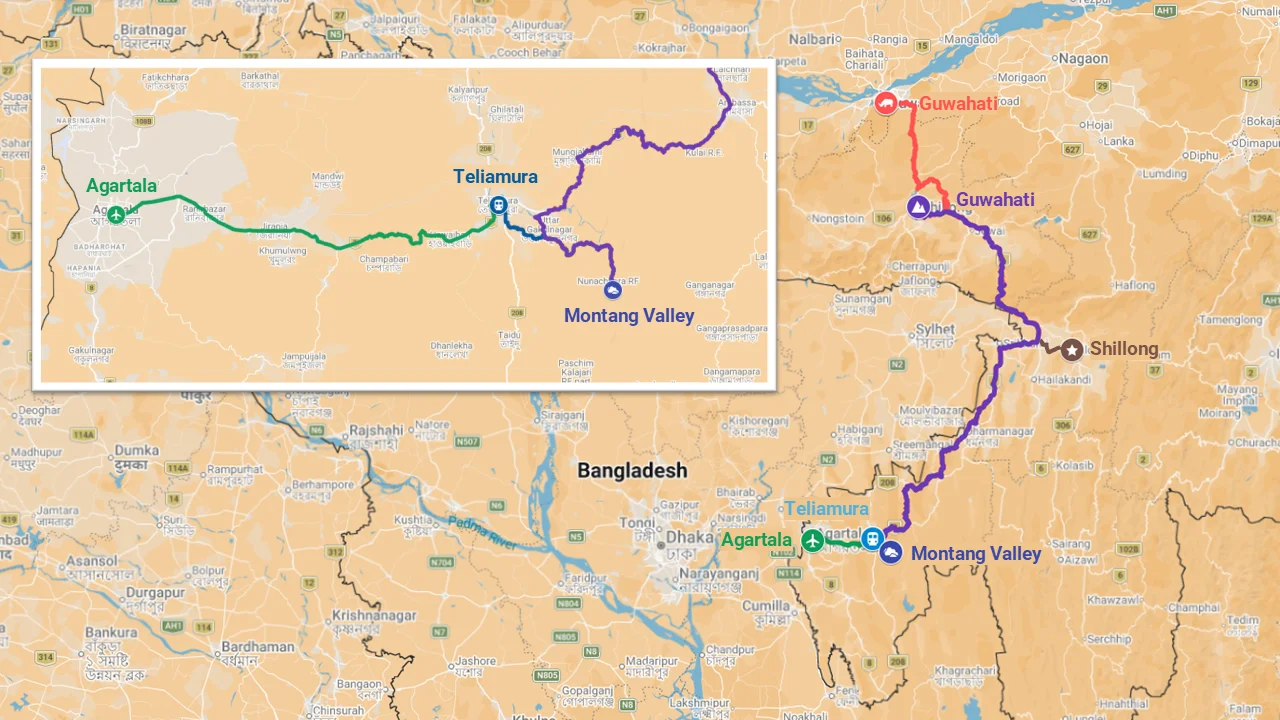 Map showing how to reach Montang Valley from Agartala, Teliamura, Silchar, Shillong, and Guwahati