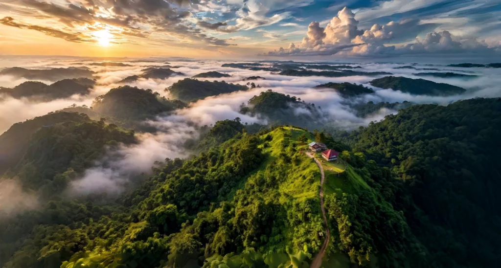 Floating clouds at dawn over Montang Valley in Tripura's Atharamura hills, showing the "Mountain of Peace" sea-of-clouds phenomenon