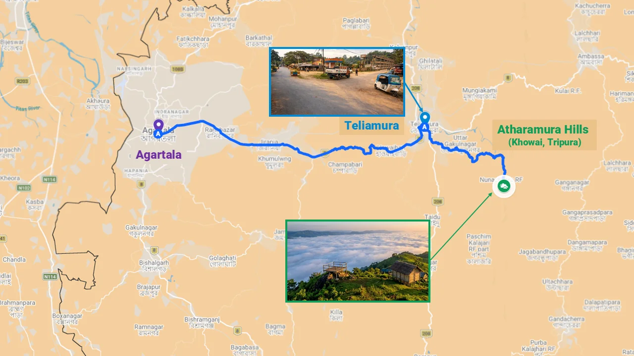 Montang Valley Tripura travel guide: Map showing location in Khowai district, Tripura, with route from Agartala via NH-8 to Teliamura and the final 30 km mountain track
