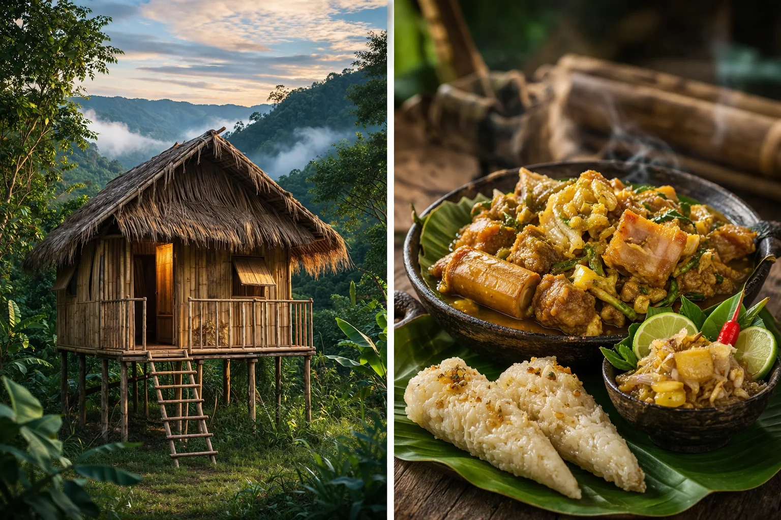 Traditional Tong Ghar (Bamboo hut) & Tripuri food at Montang Valley Tripura: bamboo pork (Muya Bai Wahan) and Bhangui/Bangoi (rice cake)
