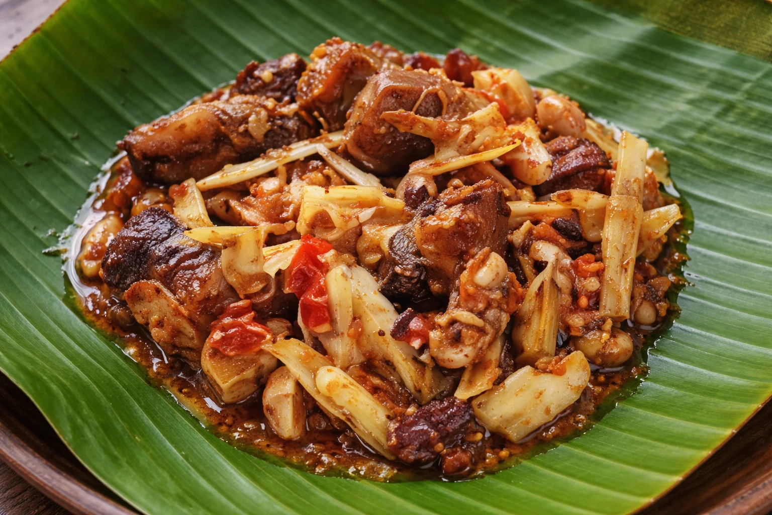 Traditional Naga dish: smoked pork with axone (fermented soybean) and bamboo shoots, served on a banana leaf