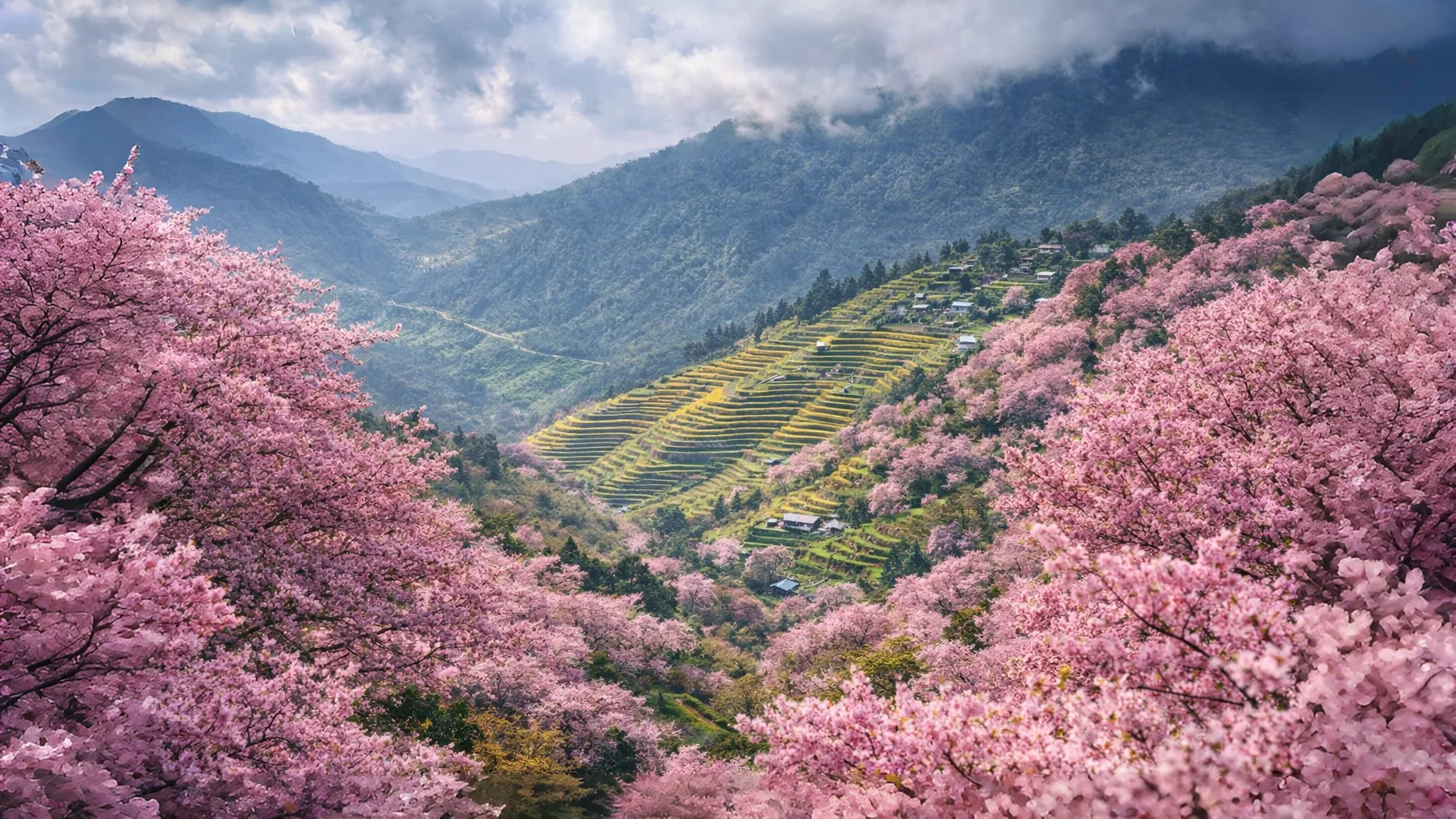 Wild Himalayan cherry blossoms in bloom on the hillsides of Pfutsero, Nagaland, with terraced fields in the background