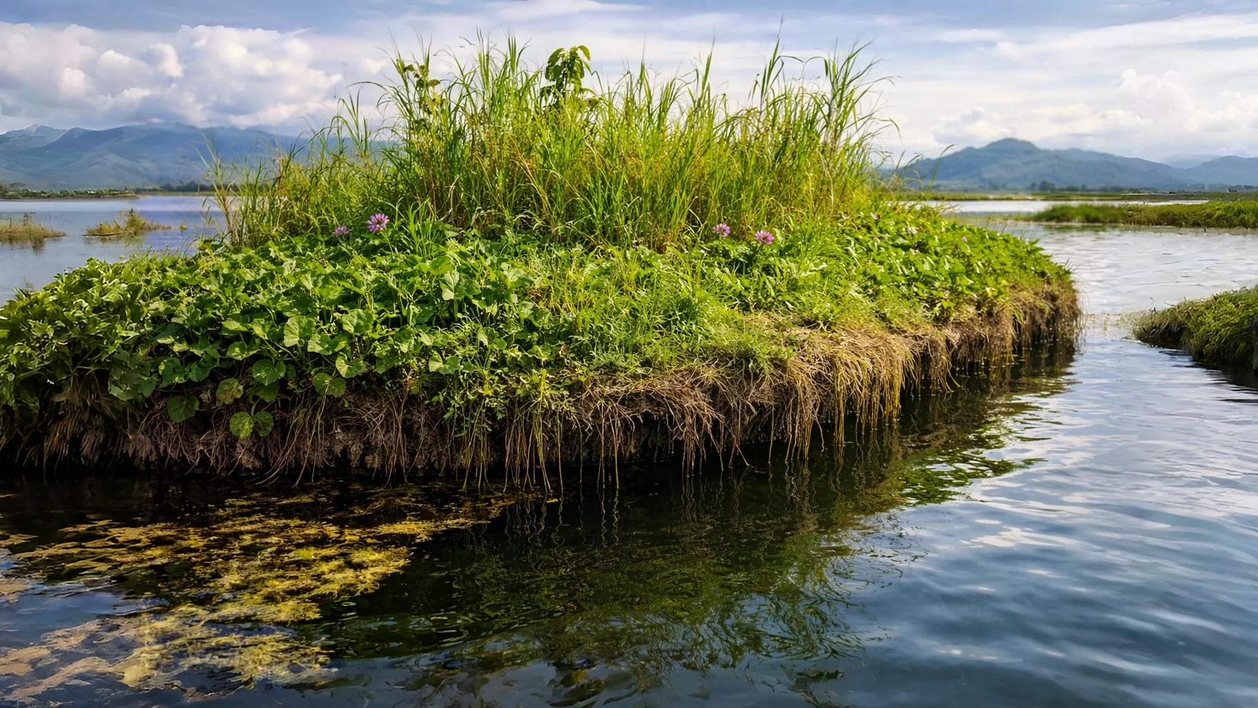 Close view of phumdi floating vegetation structure Loktak Lake