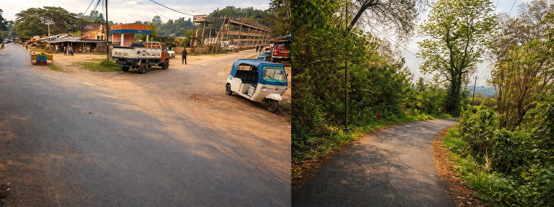 Narrow winding road leading to Montang Valley from NH-8 in Tripura. Left: Near Chakmaghat Bridge. Right: Mid-way between Chakmaghat and Montang Valley