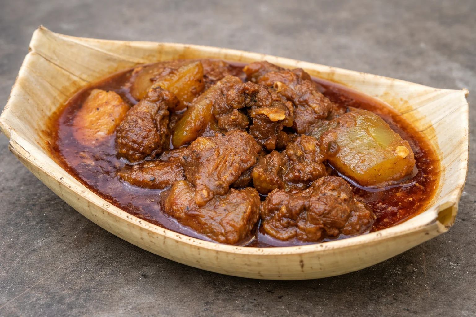 Assamese duck curry with papaya cooked in traditional village kitchen