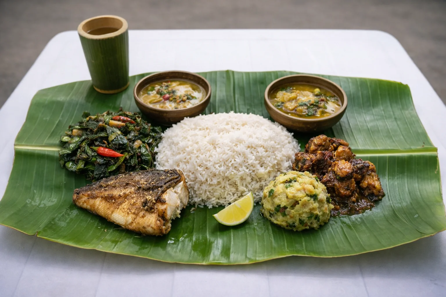 traditional Assamese village food served on banana leaf near Guwahati with rice fish pitika and shaak