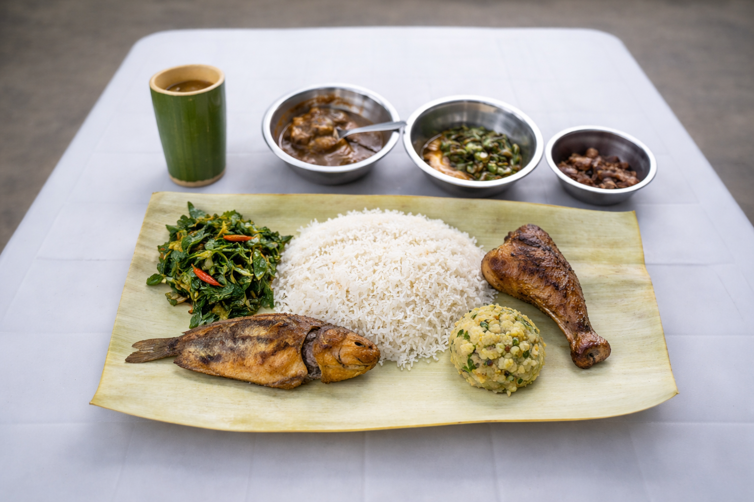 Traditional Assamese village food served on a banana sheath/leaf with a drink in a bamboo glass in a rural homestay near Guwahati
