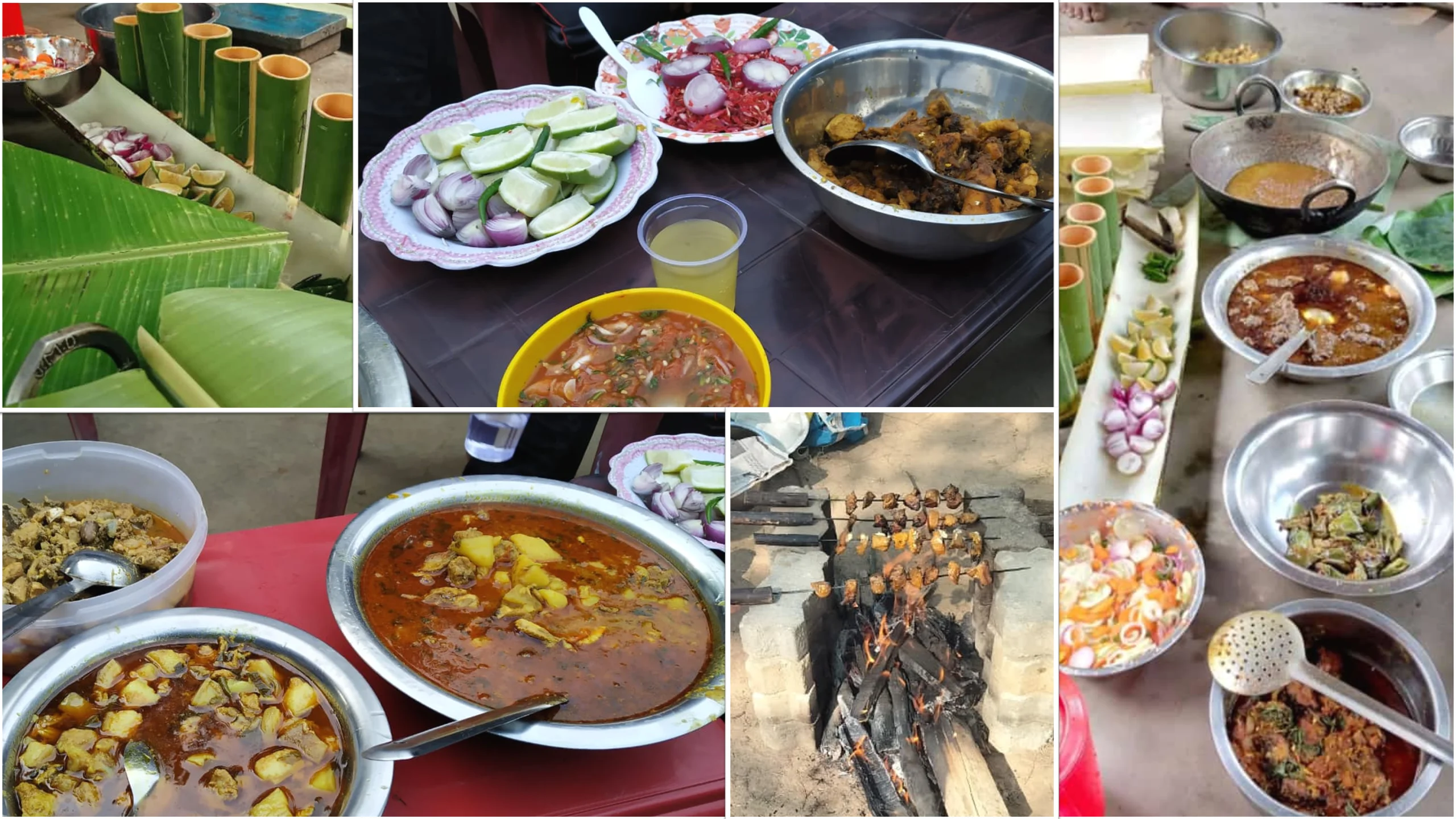 Traditional Assamese village food being prepared and served in bowls, banana sheath, and bamboo glasses at Nasiriba homestay