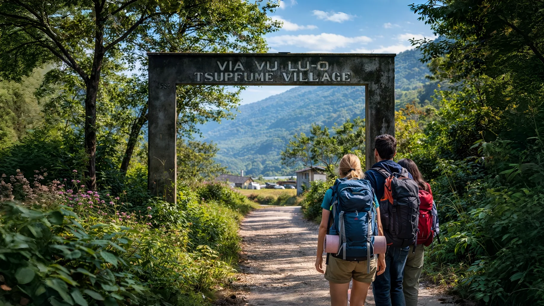The gateway to Via Vu Lu-O trek, Tsupfume village, a cultural marker welcoming trekkers into one of Pfutsero’s most scenic rural landscapes. The trail beyond leads through terraced fields and wild cherry trees.