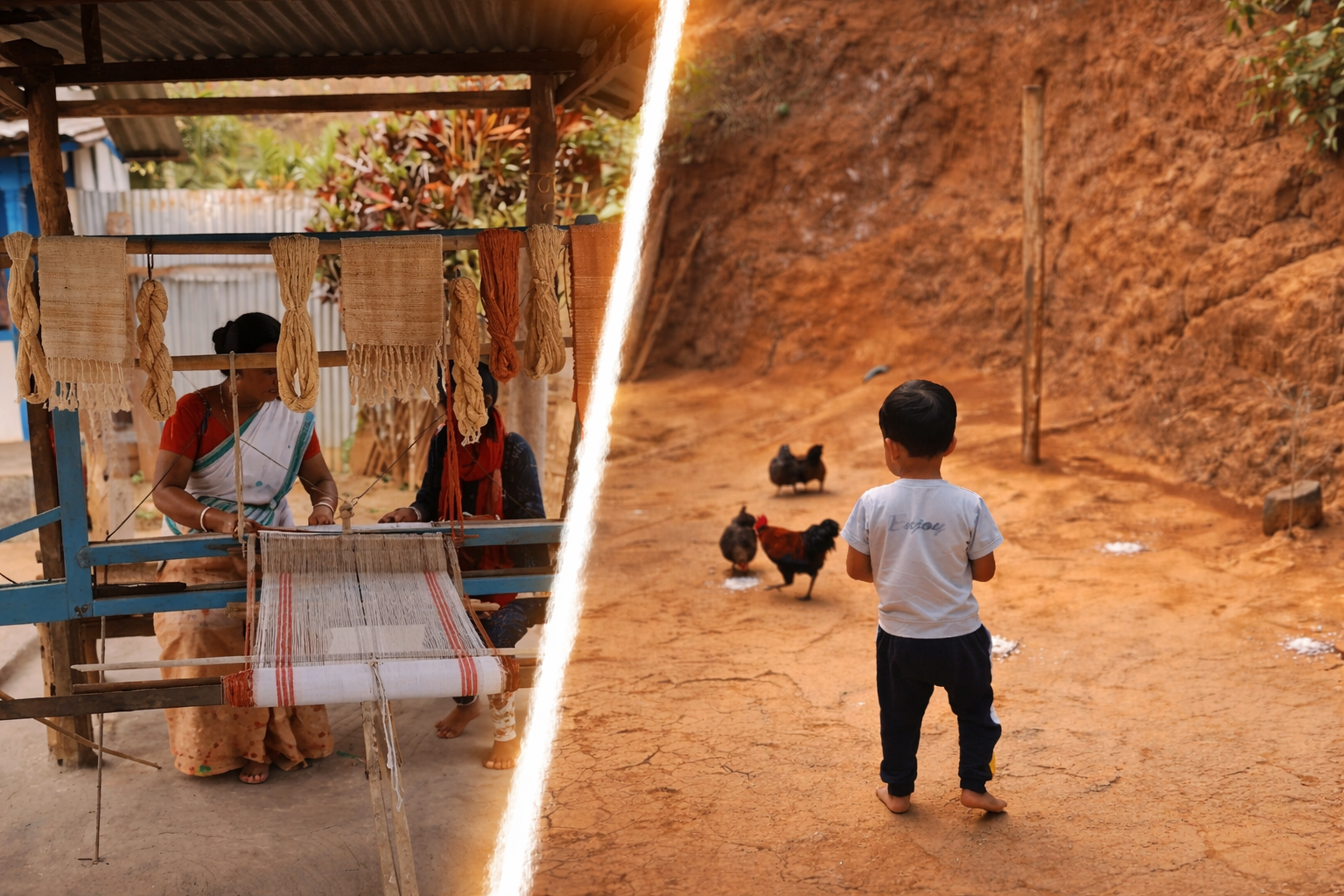 Kids playing and women weaving using a handloom at the village stay near Guwahati, Rabha homestay experience