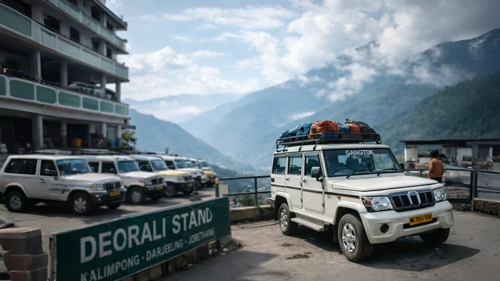 Gangtok Shared Taxi (Sumo/Bolero) at Deorali stand with mountains in background