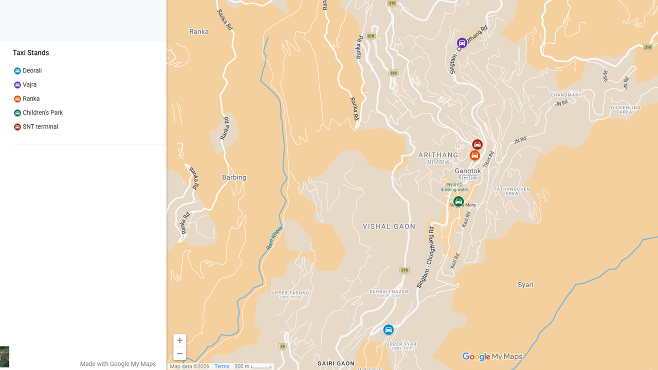 Gangtok shared taxi guide marking Vajra, Deorali, Ranka, Children’s Park, and SNT terminal on a map