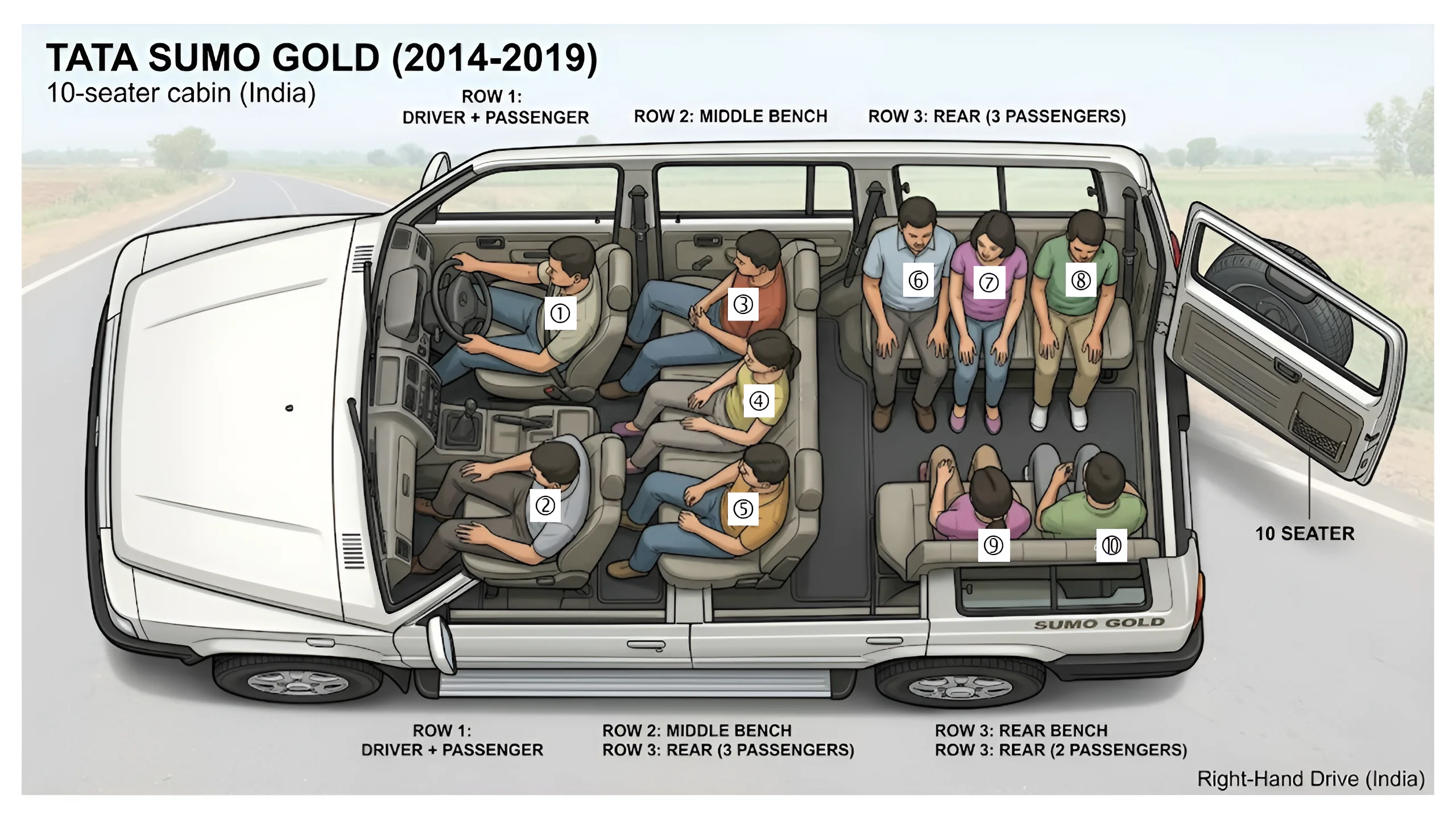Gangtok shared taxi guide showing the seating configuration of a 10-seater Sumo