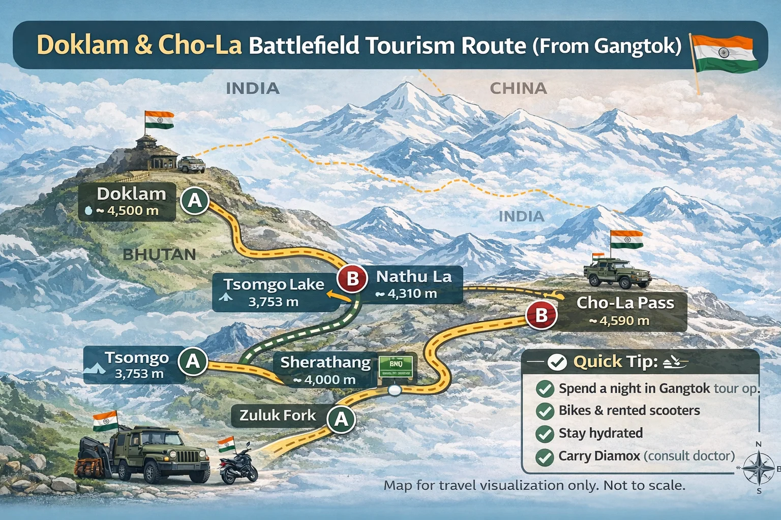 Route map showing Gangtok to Doklam - Cho-La battlefield tourism circuit via Nathu La Pass in East Sikkim