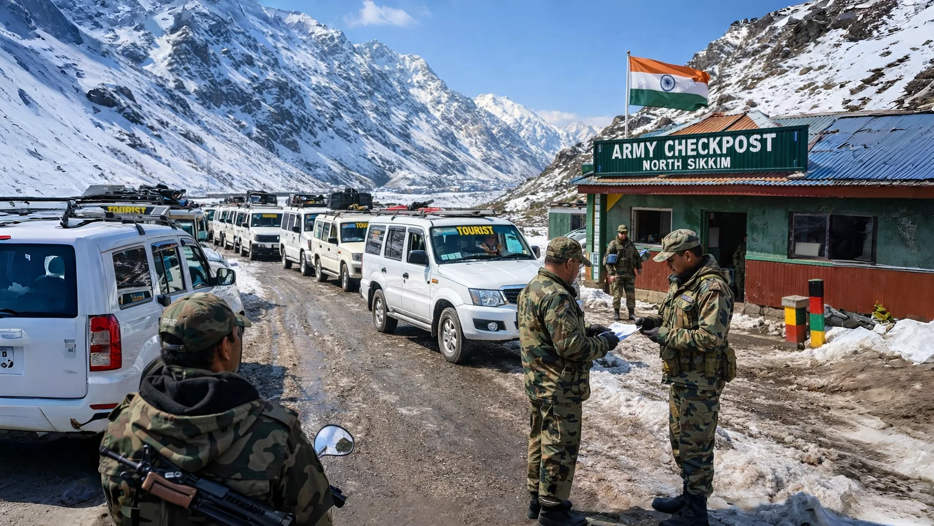 Tourist vehicles waiting at army checkpost in North Sikkim permit verification