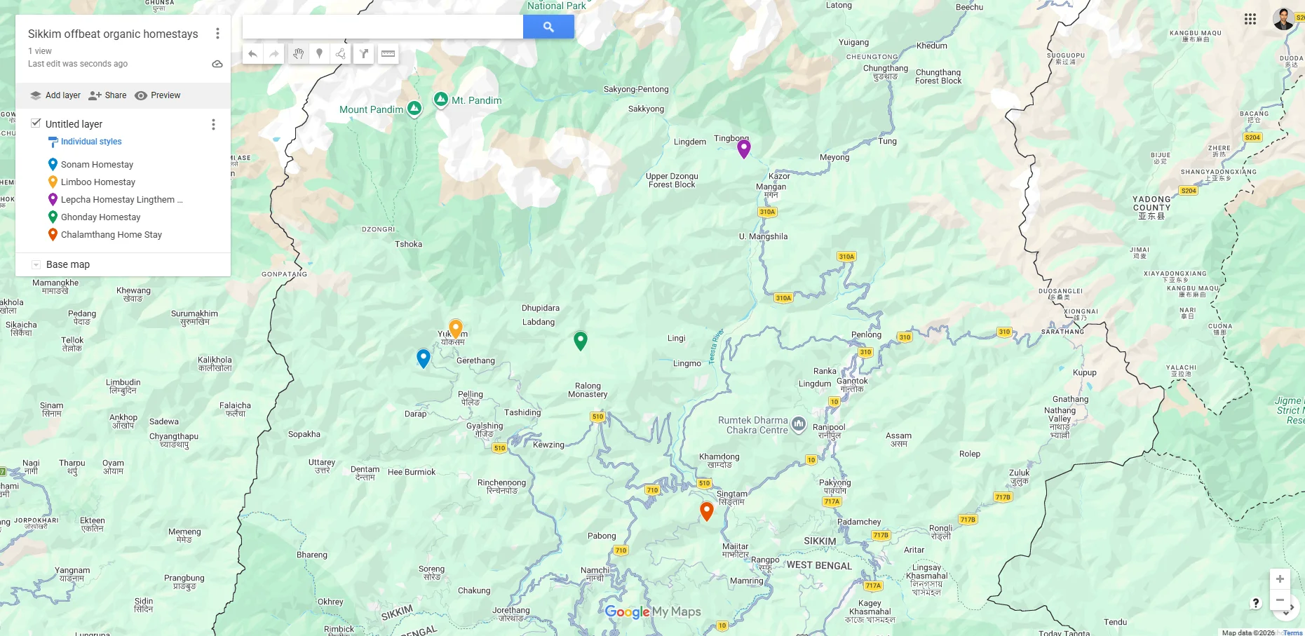 Map of Sikkim highlighting offbeat organic homestays for vegetarian and vegan travellers: Sonam’s Homestay (Kecheopalri), Limboo Homestay (Yuksom), Dzongu homestays, Borong homestays, Chalamthang Homestay