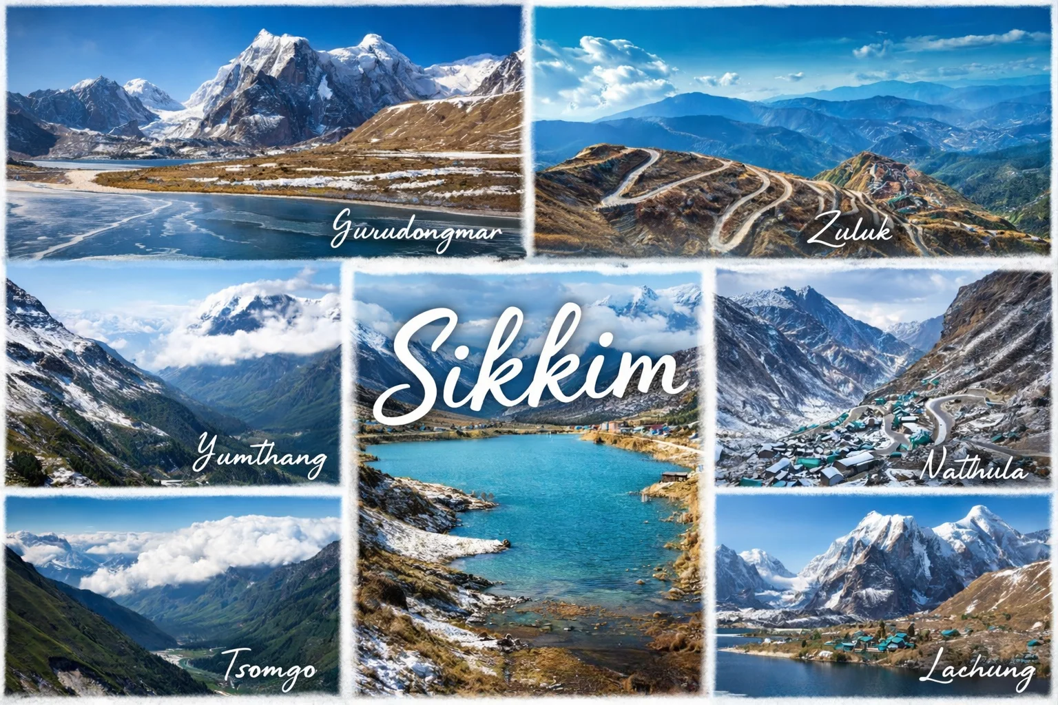 North and East Sikkim permit destinations collage: Gurudongmar, Yumthang, Tsomgo, Nathula, Zuluk, Lachung