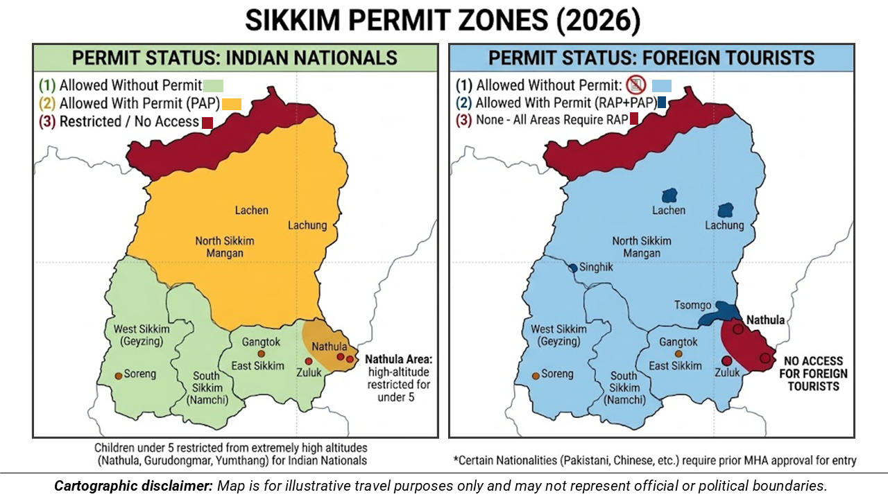 Map of Sikkim showing permit required zones in North Sikkim and East Sikkim including Lachen Lachung Gurudongmar Tsomgo Nathula Zuluk, as per the Sikkim travel permit rules for Indian and foreigners