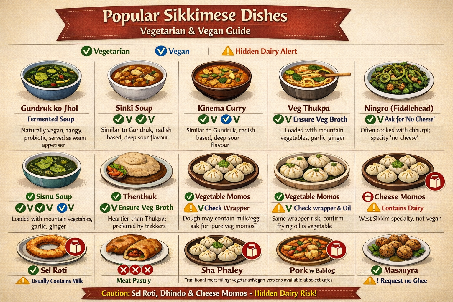 Infographic chart showing 15 vegetarian and vegan food in Sikkim, with warnings for hidden dairy in Sel Roti, Dhindo, and cheese momos