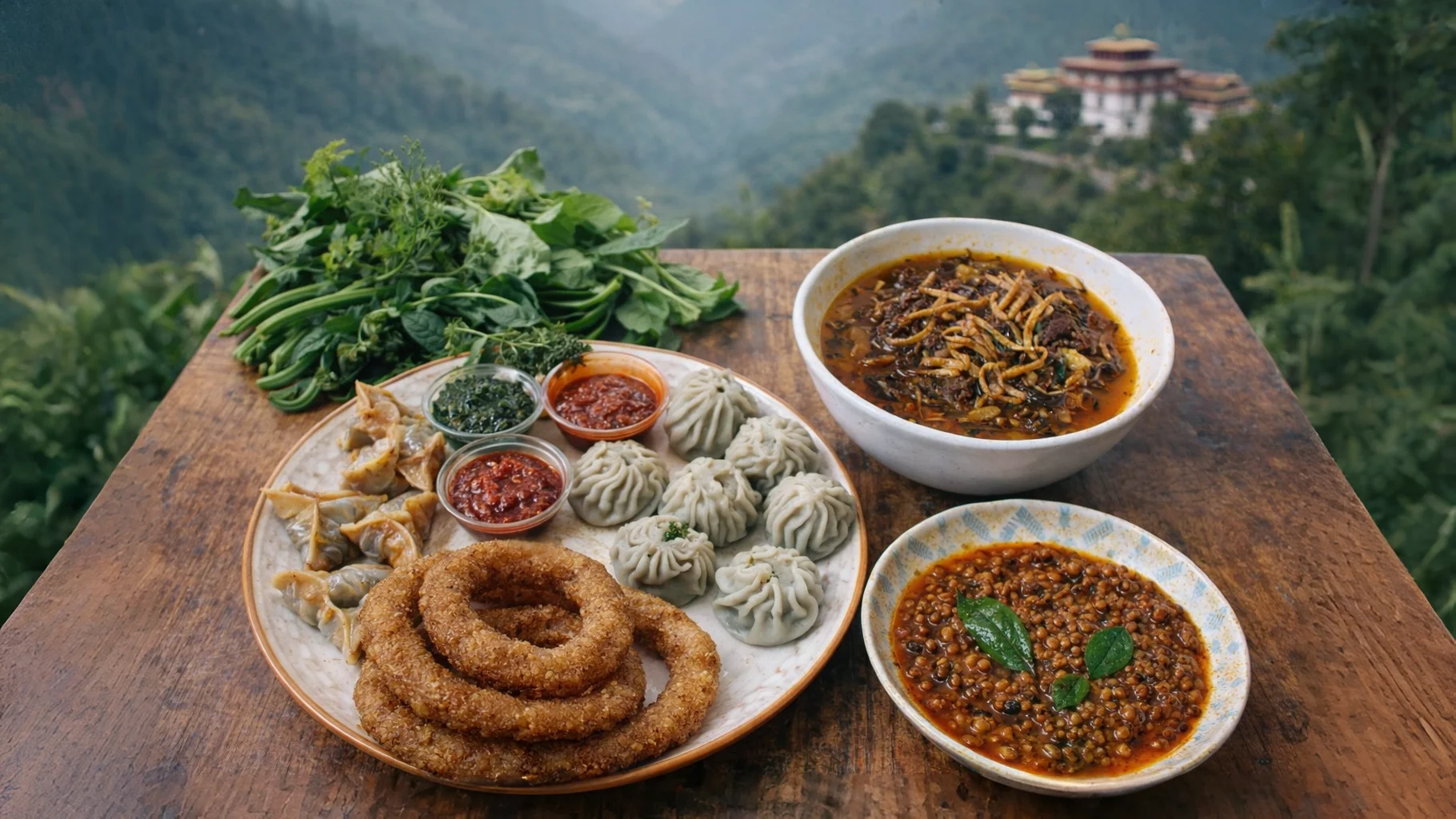 Sikkim vegetarian & vegan food guide featuring traditional dishes: Gundruk soup, vegetable momos, Kinema curry, and organic vegetables on a wooden table with Himalayan mountains and monastery in the background