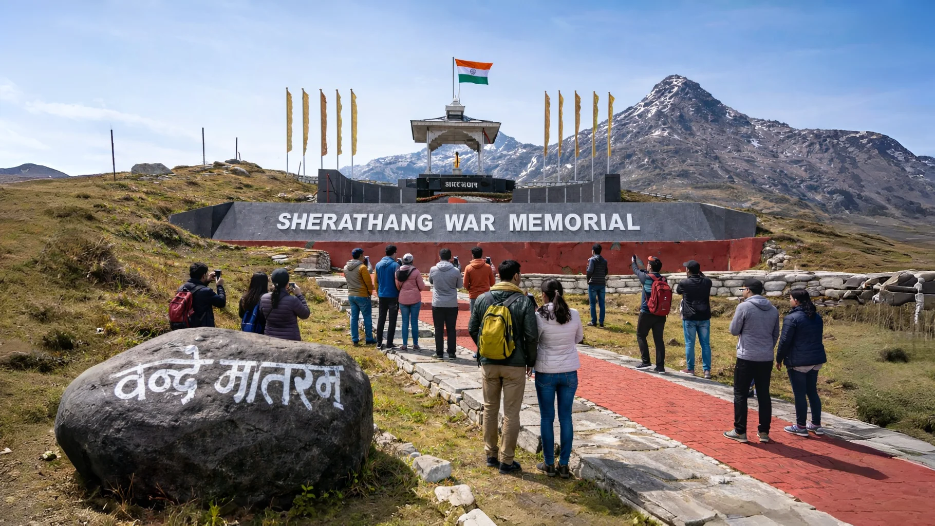 Visitors at the War Memorial on the Cho-La Pass battlefield tourism route