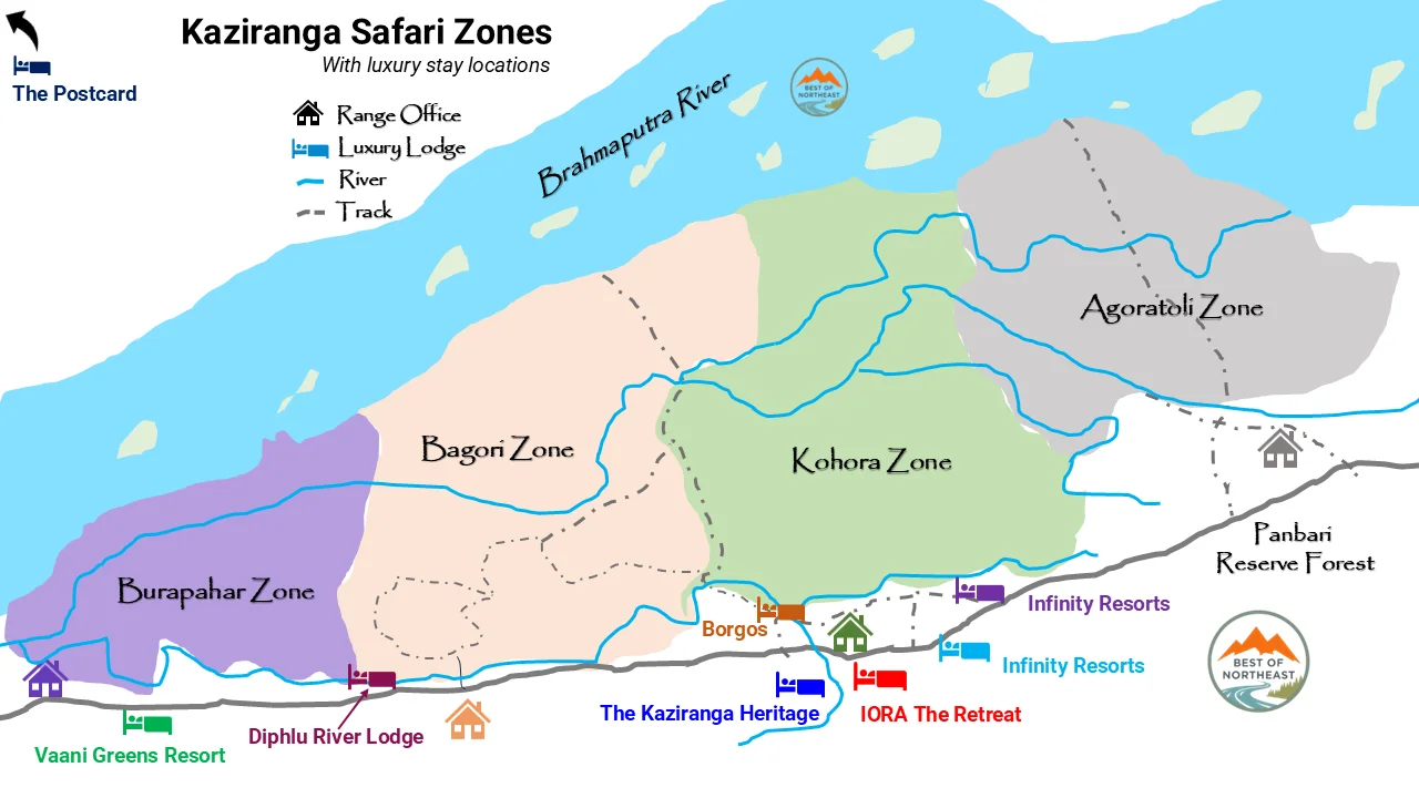 Kaziranga National Park safari zones map showing Kohora, Bagori, Agoratoli and Burapahar ranges