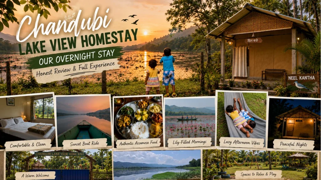 Chandubi Lake View Homestay collage featuring Neel Kantha cottage, sunset boating, Assamese food, lily-filled lake, and a peaceful morning
